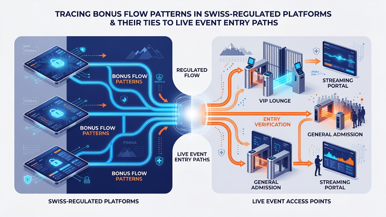 Flowchart mapping online bonus credits to live event registration steps under Swiss regulations